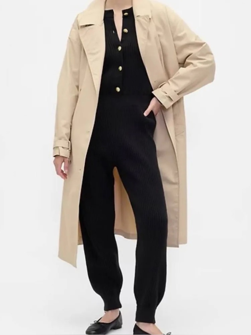NWT Gap CashSoft Rib Sweater Jumpsuit Black Small Gold Buttons $128